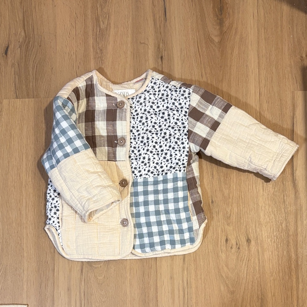 Zara Patchwork Quilted Baby Jacket in Cream, Brown & Blue